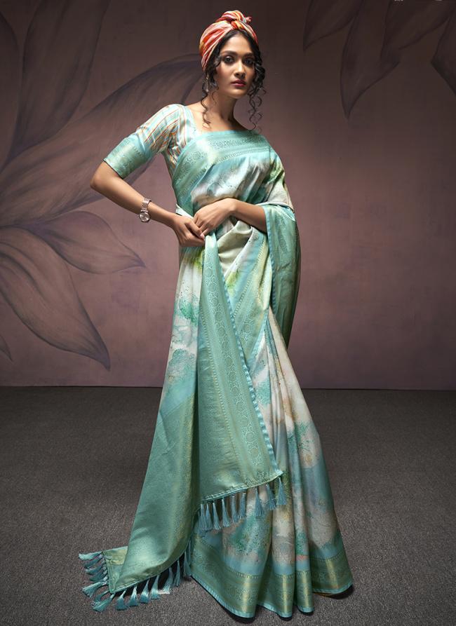 Soft Silk Sky Blue Party Wear Printed Saree